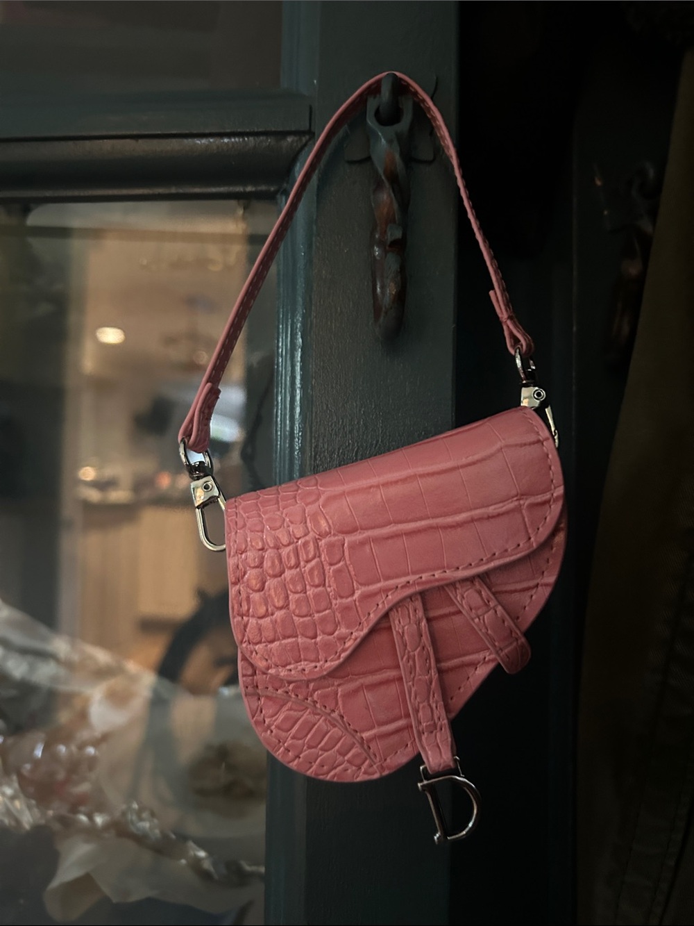 Croc-Embossed Mini Saddle Bag Charm with Silver Hardware